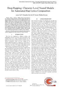 Deep Rapping: Character Level Neural Models for Automated Rap Lyrics Composition