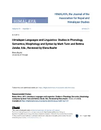 Himalayan Languages and Linguistics: Studies in Phonology, Semantics, Morphology and Syntax by Mark Turin and Bettina Zeisler, Eds.; Reviewed by Elena Bashir