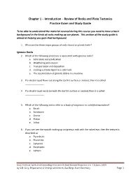 Chapter 1 – Introduction – Review of Rocks and Plate Tectonics Practice Exam and Study Guide