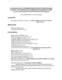 COLLEGES and UNIVERSITIES in the US with EARLY ACTION (NON-BINDING) ADMISSION DECISION PLANS (Cross Referenced with Early Decision [ED] Plans)