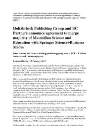 Holtzbrinck Publishing Group and BC Partners Announce Agreement to Merge Majority of Macmillan Science and Education with Springer Science+Business Media