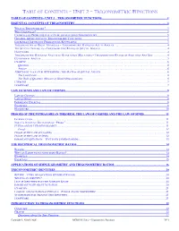 Table of Contents - Unit 2 – Trigonometric Functions Table of Contents - Unit 2 – Trigonometric Functions