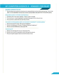 Ap Computer Science a – Summer Checklist