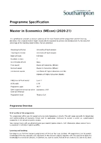Programme Specification Master in Economics (Mecon)