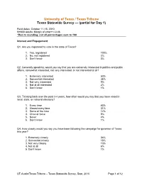 University of Texas / Texas Tribune Texas Statewide Survey — (Partial for Day 1)