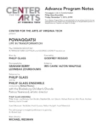 Advance Program Notes Powaqqatsi: Life in Transformation Philip Glass Ensemble Friday, November 1, 2013, 8 PM