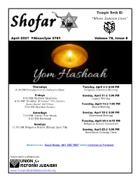 April 2021 Nisan/Iyar 5781 Volume 78, Issue 8 Temple Beth El “Where