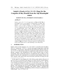 Isaiah's Oracle (4:2-6; 11:1-9): Hope for the Congolese If They Benefit