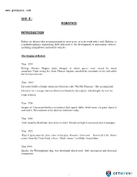 Unit 8 : ROBOTICS INTRODUCTION