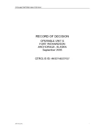 Record of Decision: Operable Unit E, Fort Richardson, Anchorage, Alaska