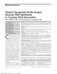 Platelet Glycoprotein Iib/Iiia Integrin Blockade with Eptifibatide in Coronary Stent Intervention the ESPRIT Trial: a Randomized Controlled Trial