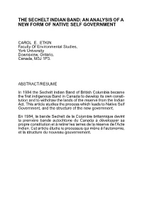 The Sechelt Indian Band: an Analysis of a New Form of Native Self Government