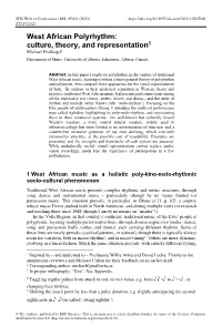 West African Polyrhythm: Culture, Theory, and Representation1 Michael Frishkopf2 Department of Music, University of Alberta, Edmonton, Alberta, Canada