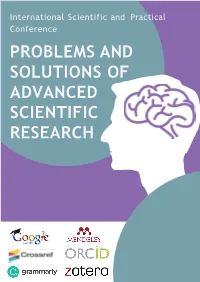 PROBLEMS and SOLUTIONS of ADVANCED SCIENTIFIC RESEARCH International Scientific and Practical Conference “PROBLEMS and SOLUTIONS of ADVANCED SCIENTIFIC RESEARCH”
