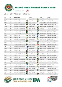 2016 - 2017 Season Fixture List