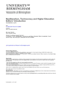 Neoliberalism, Technocracy and Higher Education Editors' Introduction Cruickshank, Justin