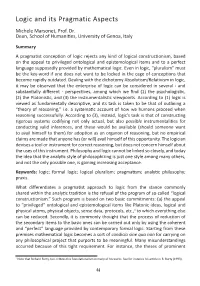 Logic and Its Pragmatic Aspects Michele Marsonet, Prof