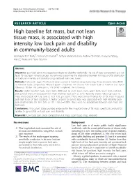 High Baseline Fat Mass, but Not Lean Tissue Mass, Is Associated with High Intensity Low Back Pain and Disability in Community-Based Adults Sharmayne R