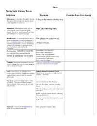 Literary Terms Definition Example Example from Class Poetry Alliteration: a Number of Words, Having a Big Bully Beats a Baby Boy