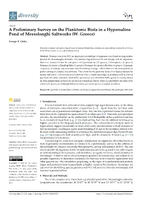 A Preliminary Survey on the Planktonic Biota in a Hypersaline Pond of Messolonghi Saltworks (W