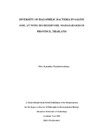 Diversity of Halophilic Bacteria in Saline Soil at Nong Bo Reservoir Was Determined Using the Ultimate Results of Bacterial Characterization
