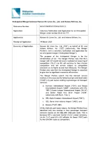 Consultation on the Application of an Anticipated Merger Between Korean Air Lines Co., Ltd. and Asiana