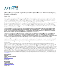 Allergan Exercises Option to Acquire Compound from Aptinyx Discovery Platform Under Ongoing Research Collaboration
