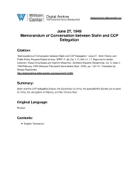 June 27, 1949 Memorandum of Conversation Between Stalin and CCP Delegation