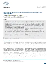 Assessment of Dyadic Adjustment and Sexual Functions in Patients with Bipolar Disorder