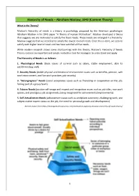 Hierarchy of Needs – Abraham Maslow; 1943 (Content Theory)