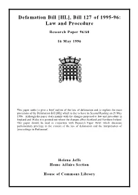 Defamation Bill [HL], 127 of 1995-96: Law and Procedure