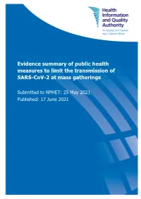 Evidence Summary of Public Health Measures to Limit the Transmission of SARS-Cov-2 at Mass Gatherings