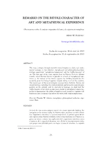 Remarks on the Riddle-Character of Art and Metaphysical Experience