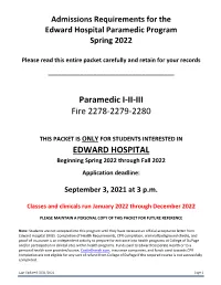 Admissions Requirements for the Edward Hospital Paramedic Program Spring 2022