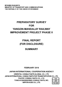 Preparatory Survey for Yangon-Mandalay Railway Improvement Project Phase Ii