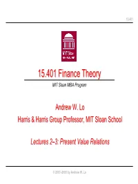 15.401 Finance Theory I, Present Value Relations