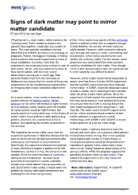 Signs of Dark Matter May Point to Mirror Matter Candidate 27 April 2010, by Lisa Zyga
