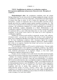LESSON 11 THEME: Equilibriums in Solutions of Coordination Complexes