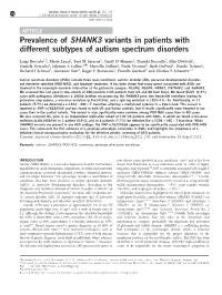 Prevalence of SHANK3 Variants in Patients with Different Subtypes of Autism Spectrum Disorders