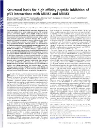 Structural Basis for High-Affinity Peptide Inhibition of P53 Interactions with MDM2 and MDMX