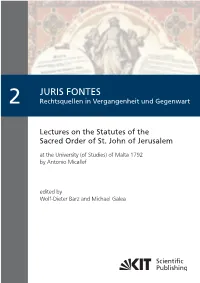Lectures on the Statutes of the Sacred Order of St. John of Jerusalem at the University (Of Studies) of Malta 1792