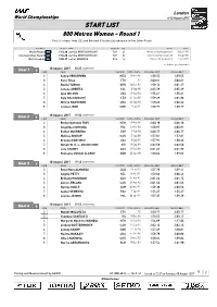 START LIST 800 Metres Women - Round 1 First 3 in Each Heat (Q) and the Next 6 Fastest (Q) Advance to the Semi-Finals