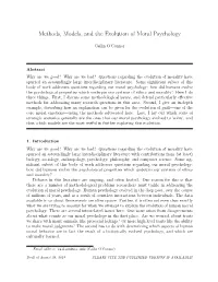 Methods, Models, and the Evolution of Moral Psychology