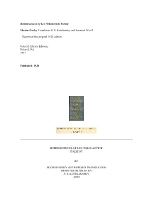 Reminiscences of Leo Nikolaevich Tolstoy Maxim Gorky Translators