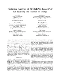Predictive Analysis of 3D Reram-Based PUF for Securing the Internet of Things