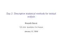 Day 2: Descriptive Statistical Methods for Textual Analysis