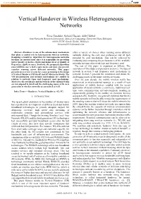 Vertical Handover in Wireless Heterogeneous Networks