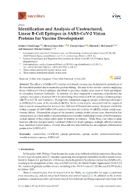 Identification and Analysis of Unstructured, Linear B-Cell Epitopes in SARS-Cov-2 Virion Proteins for Vaccine Development