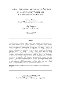 Online Dictionaries As Emergent Archives of Contemporary Usage and Collaborative Codification