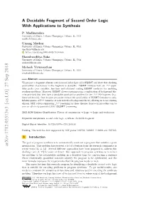 A Decidable Fragment of Second Order Logic with Applications to Synthesis